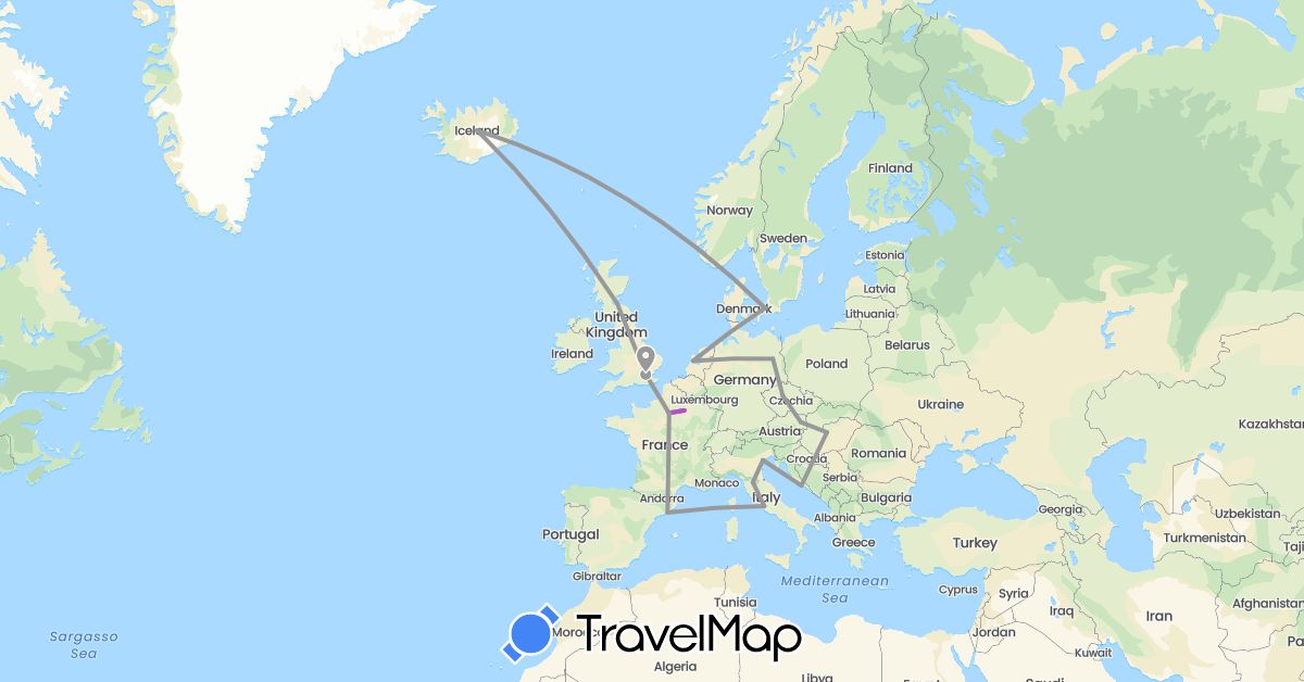 TravelMap itinerary: driving, plane, train in Austria, Czech Republic, Germany, Denmark, Spain, France, United Kingdom, Croatia, Hungary, Iceland, Italy, Netherlands (Europe)